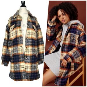 Topshop | Women | Wool Blend Tartan Plaid Fuzz Oversized Long Shirt Jacket | 12